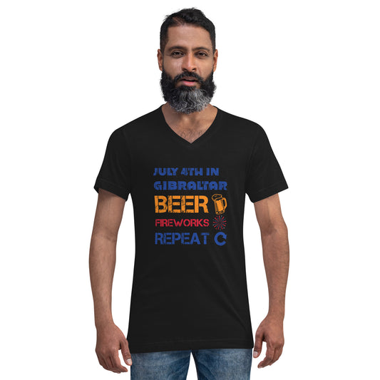 4th of July in Gibraltar Beer Fireworks Repeat Unisex Short Sleeve V-Neck T-Shirt